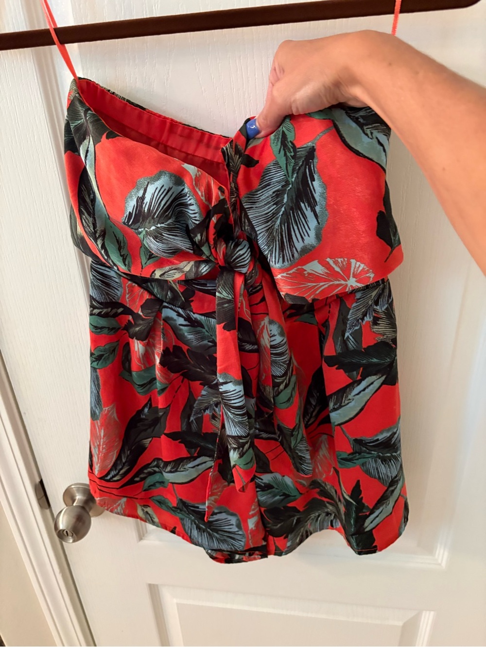 Blue Blush Coral Tropical Leaf Strapless Romper with Front Tie